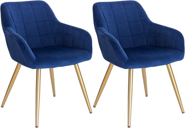 WOLTU® Esszimmerstühle BH232bl-2 2er Set Küchenstuhl Polsterstuhl Wohnzimmerstuhl Sessel mit Armlehne, Sitzfläche aus Samt, Gold Beine aus Metall, Blau
