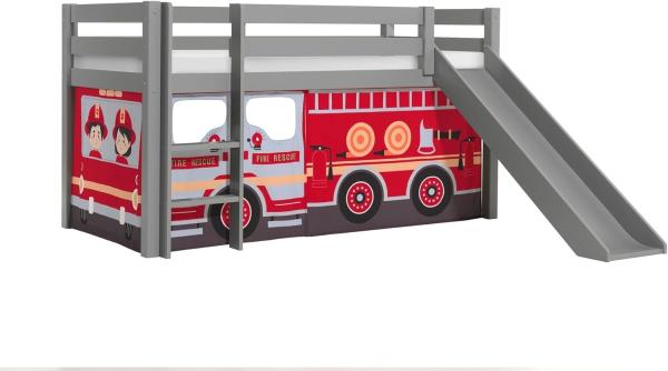 Vipack 'Pino' Halbhochbett 90x200 cm, grau, Kiefer massiv, mit Rutsche und Textilset 'Fire Rescue'