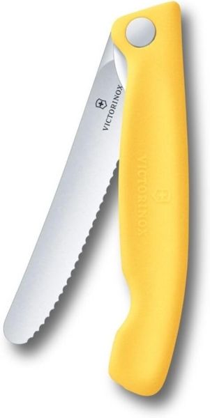 Victorinox Swiss Classic Faltbares Picknick-Messer für Wanderungen, Obst, Gemüse, Brötchen, Wurst, mit Wellenschliff, Extra Scharf, Gelb