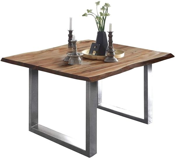 SAM Baumkantentisch 80x80 cm Mephisto, Akazienholz massiv + naturfarben lackiert, Esstisch mit Edelstahl U-Gestell gebürstet, Esszimmertisch/Holztisch im Industrial-Design, Tischplatte 26 mm