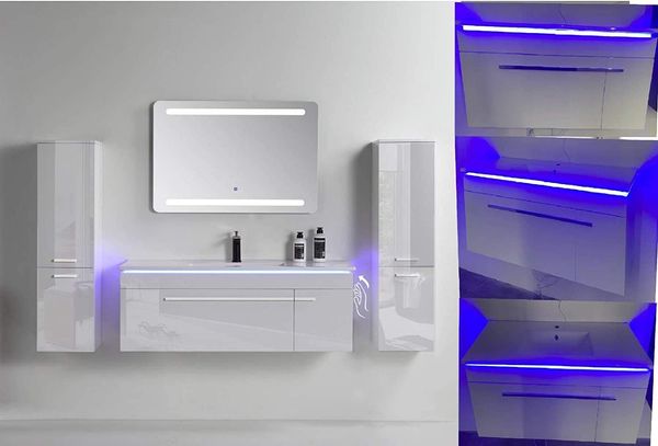 Badmöbel Set 8 Teilig 240cm Hochglanz Schwarz LED Spiegel Badezimmer Badschrank