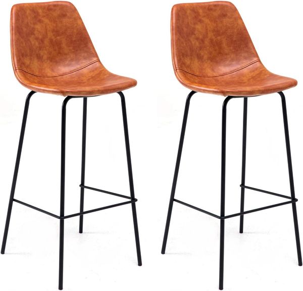 Happy Garden 2er Set Vintage-Barhocker Lucien Cognac - Sitzhöhe 75cm, Barhocker im Retro-Stil mit Rückenlehne und Fußstütze, Metallgestell