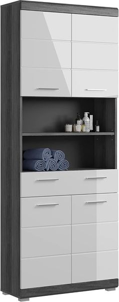 furnling Hochschrank Scott 4 Türen, 1 Schublade, 2 offene Fächer, Badmöbel, Badschrank, weiß