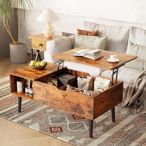 NEWBULIG Couchtisch mit Hebeplatte, mit verstecktem Fach, Kleiner Esstisch für Zuhause, Wohnzimmer, Büro, Rostbraun, Rost