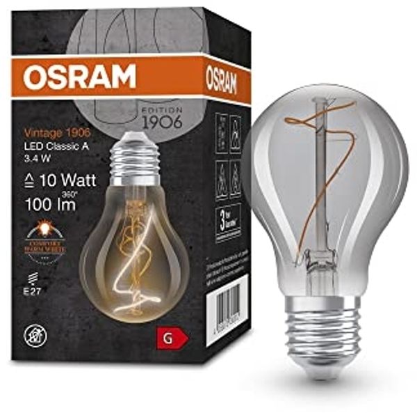 OSRAM Lamps Vintage 1906 LED-Lampe mit Smoke-Tönung, 3, 4W, 100lm, Glühlampenform (Classic A) E27-Sockel, warmweiße Lichtfarbe, nicht dimmbares Filament, bis zu 15.000 Stunden Lebensdauer