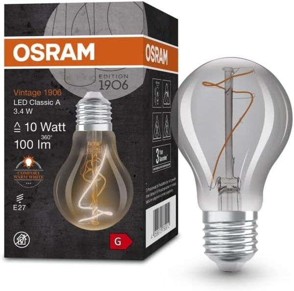 OSRAM Lamps Vintage 1906 LED-Lampe mit Smoke-Tönung, 3, 4W, 100lm, Glühlampenform (Classic A) E27-Sockel, warmweiße Lichtfarbe, nicht dimmbares Filament, bis zu 15.000 Stunden Lebensdauer