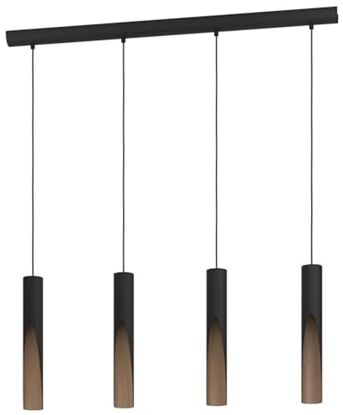 EGLO LED Hängelampe Barbotto, 4-flammige Pendelleuchte über Esstisch, indirekte Beleuchtung, Hängeleuchte aus Metall in Schwarz und Holz-Optik, GU10-Leuchtmittel, warmweiß, FSC zertifiziert