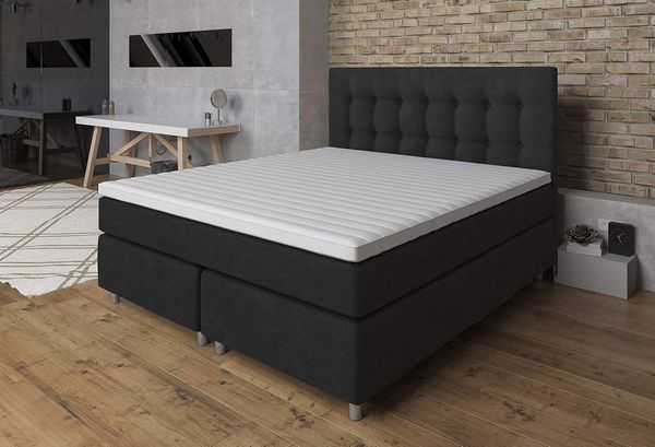 Tesla Dreams Boxspringbett 90x200 Ronda, 7 Zonen Taschenfederkern-Matratze H2/H3, Topper MemoLUX-10 cm, Unterbau Taschenfederkern, Anthrazit