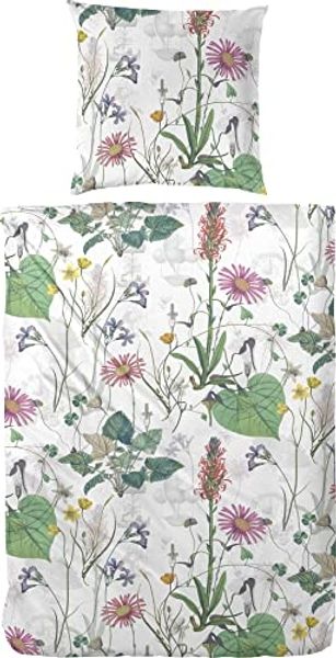 Primera Mako-Satin Bettwäsche 135x200 Blumen Wiese Blätter bunt silber 243207-05
