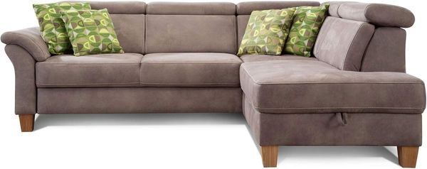 Cavadore Schlafsofa Ammerland mit Ottomane rechts / Federkern-Sofa im Landhausstil mit verstellbaren Kopfstützen, Bett und Bettkasten / 245 x 84 x 194 / Lederoptik hellbraun