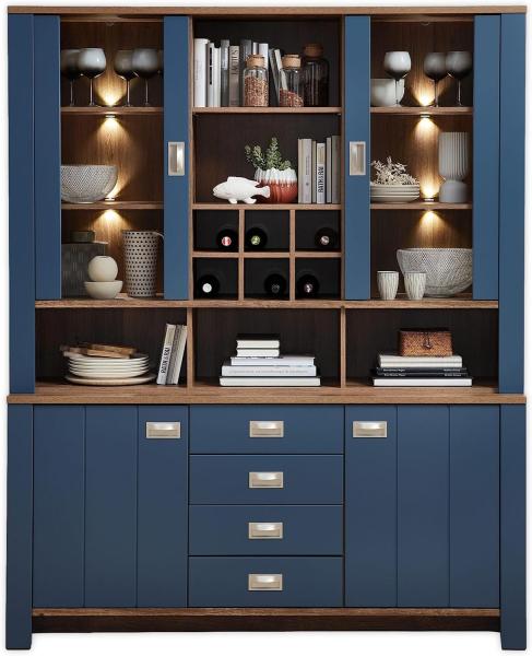 DIJON Buffetschrank in Parisian Blue, Haveleiche Cognac Optik - Vitrinenschrank mit LED-Beleuchtung und viel Stauraum - 163 x 201 x 45 cm (B/H/T)