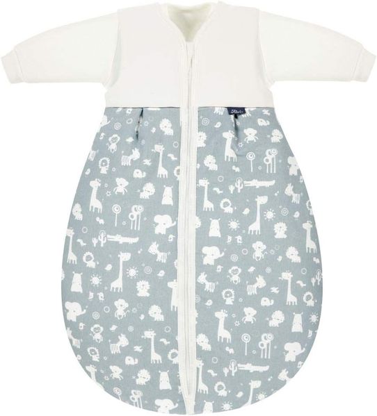 Alvi Kombi-Schlafsack | Ganzjahres Baby-Schlafsack 2-teilig | Innensack mit Ärmel & gefütterter Außensack | Temperaturen von 15 bis 30°C, Größe:110, Design:Zootiere puderblau
