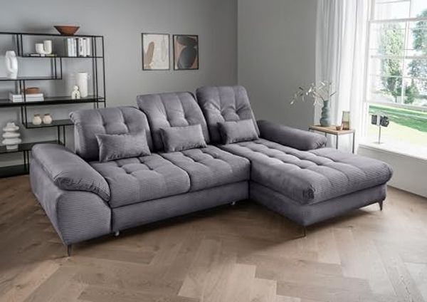 Polsterecke >Devland< Schlaffunktion, Kopfteilverstellung, Cord grau - 273x105x189cm (BxHxT)