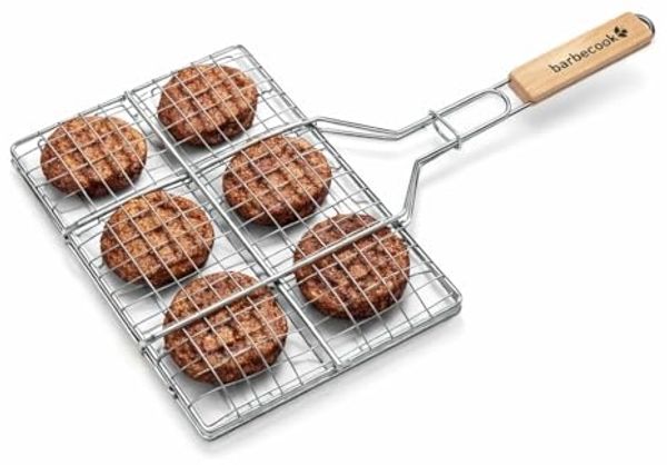 Barbecook Hamburgergrill perfekt für die zubereitug von 6 burgern, aus Chrom und Holz, 35x23 cm, Silber,holzfarbe