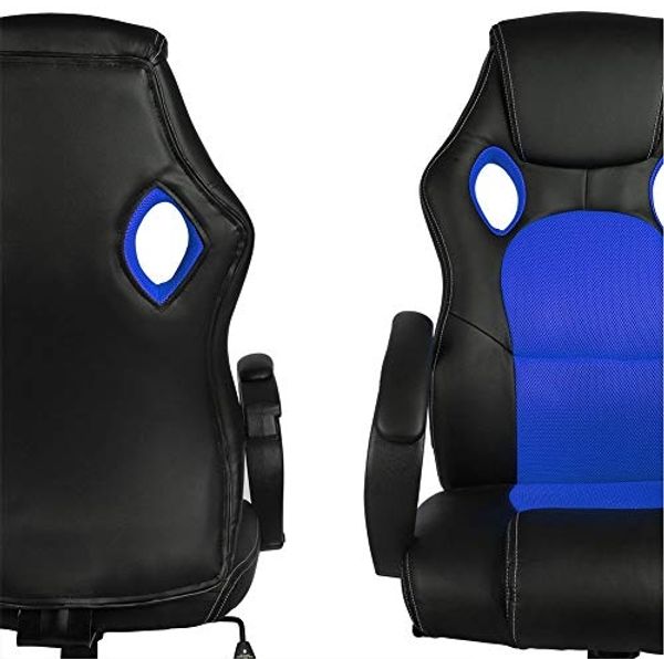 BAKAJI Sportstuhl für Büro, 4 Räder, 360 ° drehbar, Modell Racer Gaming, extra luxuriös, aus schwarzem Kunstleder und blauem Stoff Bild 5