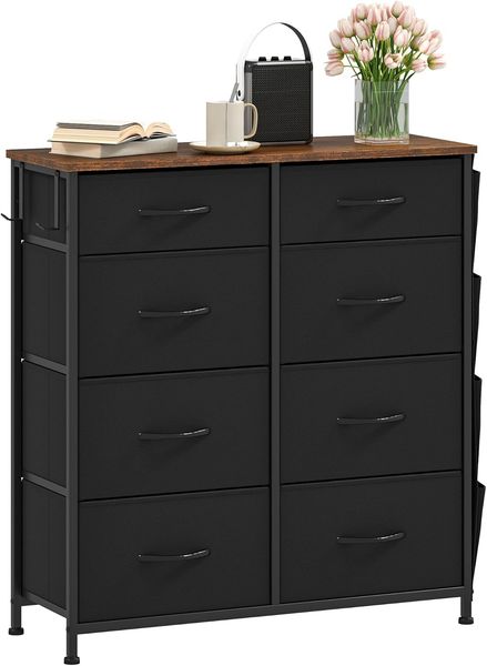 DWVO Kommode mit 8 Schubladen, langlebiger Schrank mit Haken & Seitentaschen, Stoffschubladen mit Griffen, Robustes Metallgestell, Schwarz