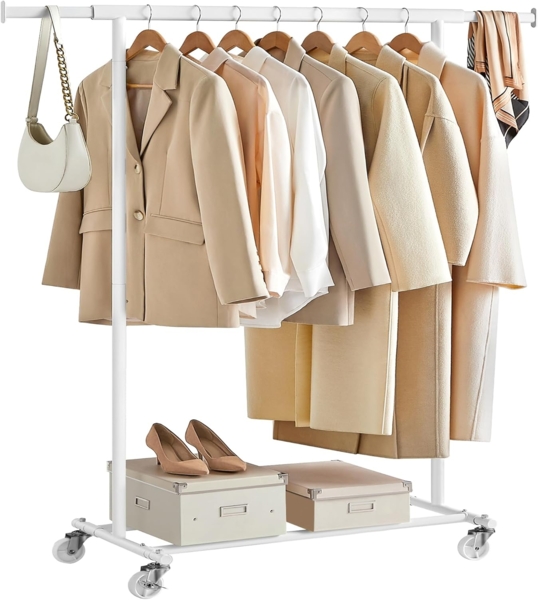 Songmics Garderobenständer auf Rollen bis 90 kg belastbar, Stahl weiß, 45,4 x (92-132) x 160 cm