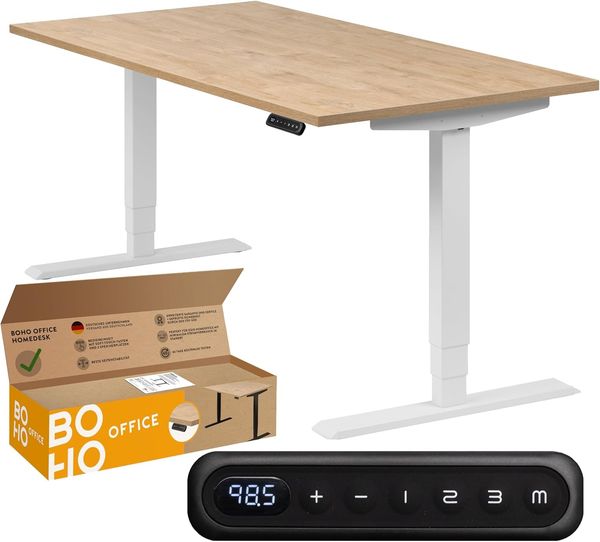 boho office® homedesk - elektrisch stufenlos höhenverstellbares Tischgestell in Weiß mit Memoryfunktion, inkl. Tischplatte in 160x80 cm in Wildeiche