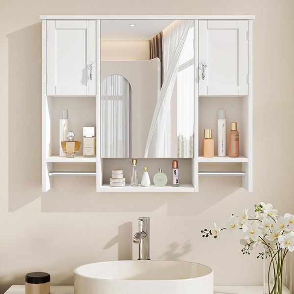 Badezimmerschrank mit Spiegel, Wandschrank mit Türen und offenen Fächern, wandmontierter Medizinschrank mit 2 Handtuchhaltern, Badschrank für Badezimmer, Waschküche und Küche, Weiß
