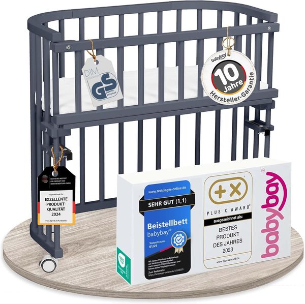 babybay Original Beistellbett aus massivem Buchenholz/kompakt & verwandelbar/Kinderbett Höhe stufenlos verstellbar/mitwachsendes Babybett (schiefergrau lackiert) / inkl. Matratze, Gitter, Rollen