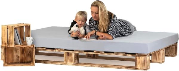 sunnypillow 140x200 cm Palettenbett aus Holz Holzbett Massivholzbett Bett aus Paletten Palettenmöbel Geflammt Vintage europalette 80 90 100 120 140 160 180 200 220 240x200 cm Bild 1