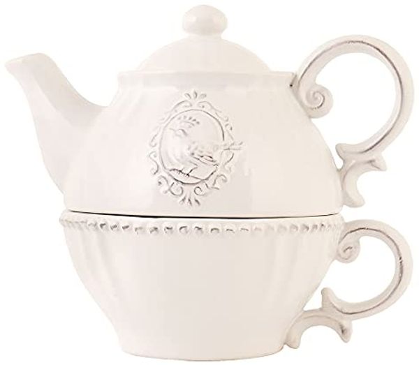 Clayre & Eef Teekanne TEA FOR ONE 400 ML Beige KERAMIK VÖGEL RUND TEEKANNEN SET TEESET