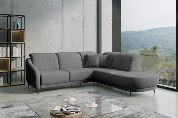 CAVADORE Ecksofa Blue/Eckcouch im modernen Design, inklusiv Kopfteilverstellung, Vorziehsitz motorisch, Klapptisch und mattschwarzen Metallfüßen / 258 x 93 x 249 / Flachgewebe, Grau Bild 2