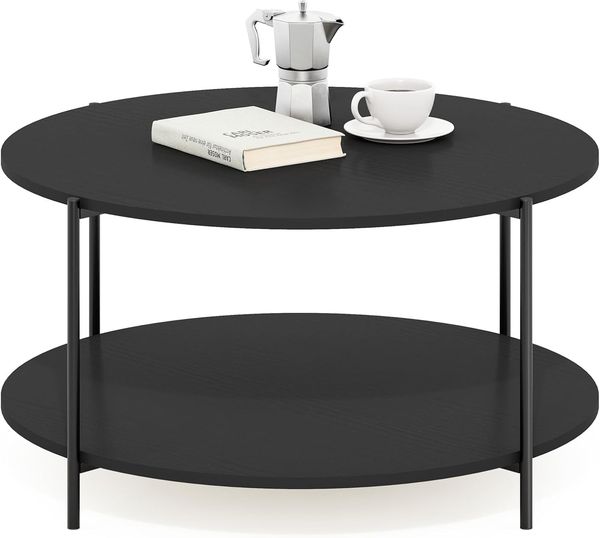 Furinno Besi 2-stufiger moderner runder Couchtisch mit stabilen Metallbeinen, Americano/Schwarz