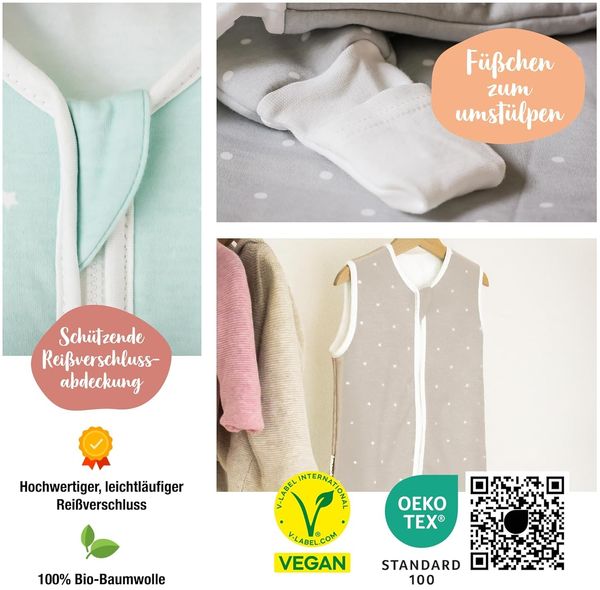 Ehrenkind® Baby Sommerschlafsack mit Füßen 1.0 TOG aus weicher OEKO-TEX zertifizierter Bio-Baumwolle | Sommer Schlafsack | Baby Schlafsack Gr. 80 Jeansblau Tropfen | 1 Tog Bild 6