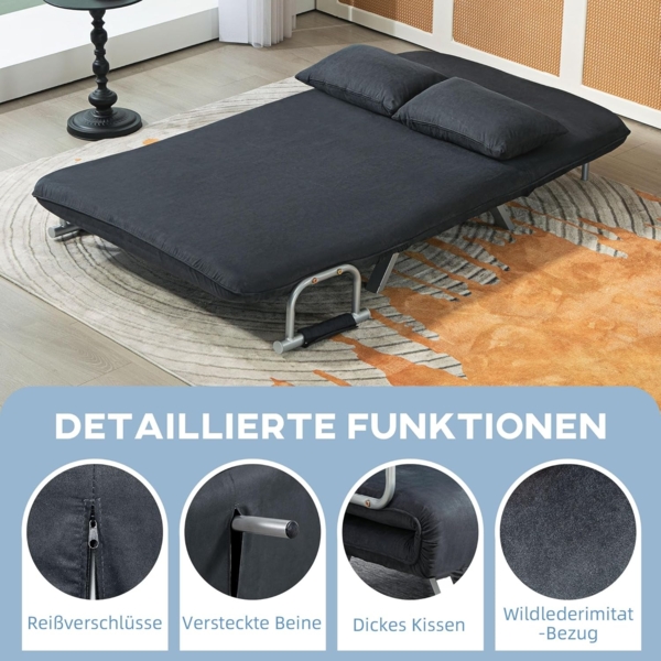 HOMCOM Schlafsofa 2er-Sofa mit Schlaffunktion, Verstellbarer Rückenlehne, Kissen, Schlafsessel 1 Teile, für Wohnzimmer, Schlafzimmer, Schwarz Bild 6