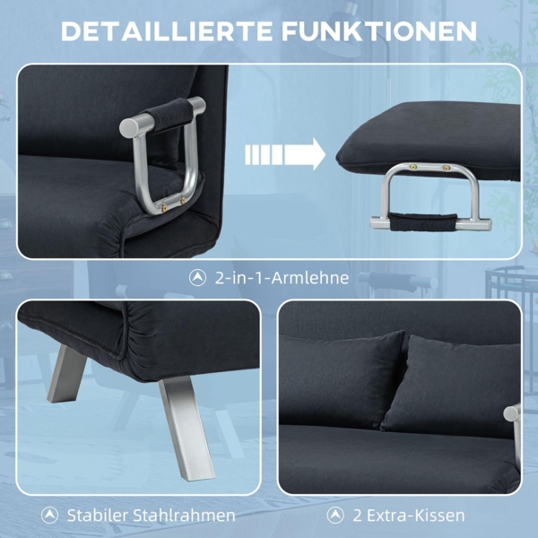HOMCOM Schlafsofa 2er-Sofa mit Schlaffunktion, Verstellbarer Rückenlehne, Kissen, Schlafsessel 1 Teile, für Wohnzimmer, Schlafzimmer, Schwarz Bild 5