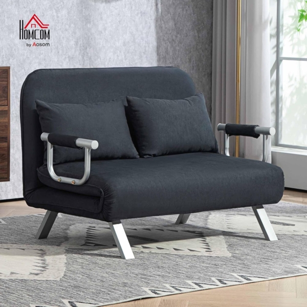 HOMCOM Schlafsofa 2er-Sofa mit Schlaffunktion, Verstellbarer Rückenlehne, Kissen, Schlafsessel 1 Teile, für Wohnzimmer, Schlafzimmer, Schwarz Bild 2