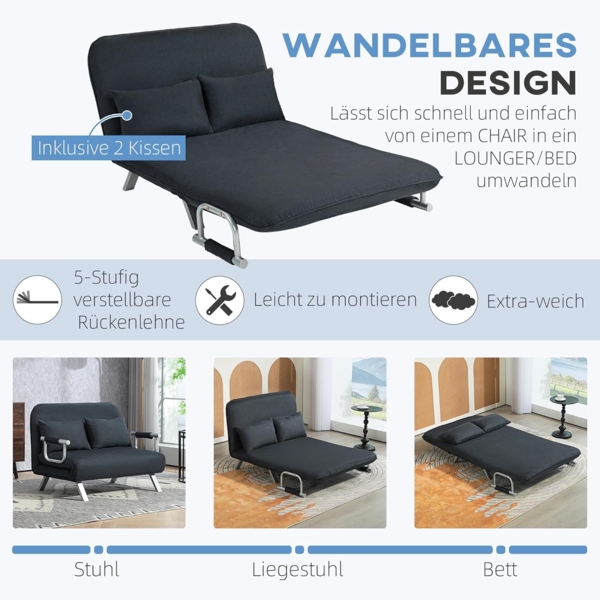 HOMCOM Schlafsofa 2er-Sofa mit Schlaffunktion, Verstellbarer Rückenlehne, Kissen, Schlafsessel 1 Teile, für Wohnzimmer, Schlafzimmer, Schwarz Bild 4
