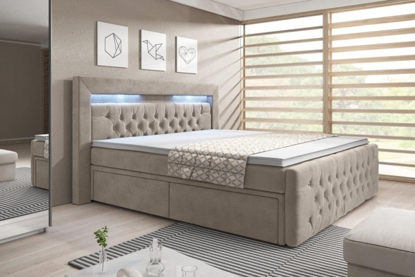 Boxspringbett Menzogna mit LED und Stauraum (2 Schubladen) 200x200 Beige H2 (bis 70kg) Bild 2