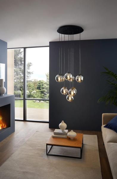 EGLO Hängelampe Ariscani, 10-flammige Cluster Pendelleuchte Esstisch, Hängeleuchte aus Metall in schwarz und Rauchglas in schwarz-transparent, Esszimmerlampe hängend, E27 Fassung, Ø 65,5 cm Bild 4