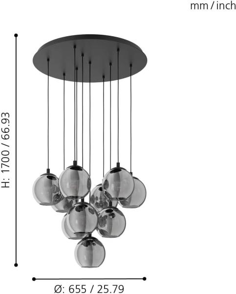 EGLO Hängelampe Ariscani, 10-flammige Cluster Pendelleuchte Esstisch, Hängeleuchte aus Metall in schwarz und Rauchglas in schwarz-transparent, Esszimmerlampe hängend, E27 Fassung, Ø 65,5 cm Bild 6