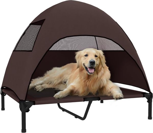 PawHut Tierbett mit Dach, waschbares Mesh Metallrahmen, Tragtasche, Polyester, Für große Hunde, für Draußen Camping 91 x 76 x 90 cm, Kaffee