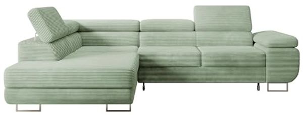 Selsey STEVIL - Ecksofa L-Sofa mit Schlaffunktion, Bettkasten, Ottomane links, Cordbezug Salbeigrün