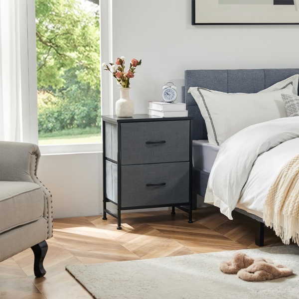 DUMOS Kommode für Schlafzimmer mit 2 Stoffschubladen, hohe Kommode Organizer für Kleidung, Schrank Kinderzimmer, Aufbewahrungsturm mit Schrank, Metallrahmen, Holzplatte, leichte Kinderzimmermöbel Bild 3