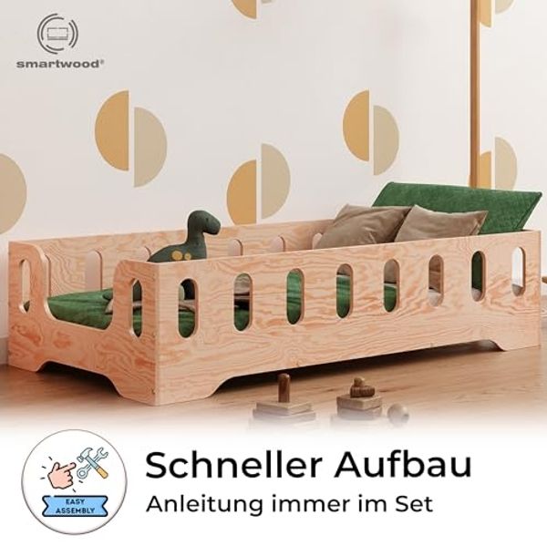 smartwood TILA 2B Kinderbett 90x200 mit Rausfallschutz und Lattenrost - Bodenbett Kinder Naturholz - Montessori Bett mit glatten Kanten - Betten für schnelle Montage - Bis zu 95 kg Bild 4