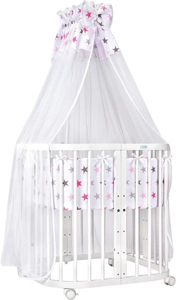 Waldin Babybett aus Holz 7in1 mit Matratze, mitwachsendes Kinder-Bett, belüftet, Boden 5-fach verstellbar, All-Inclusive-Set Holz weiß, Stoffe Sterne pink