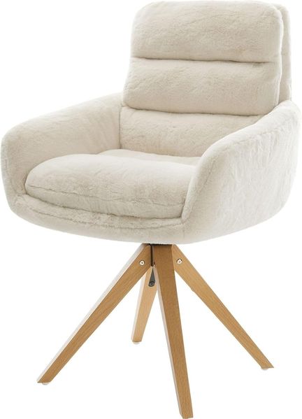 Drehstuhl Abelia-Flex mit Armlehnen Plüsch Creme-Weiß Holzgestell kantig Natur 180° drehbar