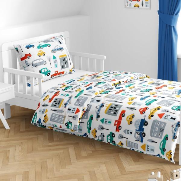 MTOnlinehandel Babybettwäsche Auto Fahrzeuge Baustelle Polizei 100x135 + 40x60 cm, 100 % Baumwolle, Renforcé, 2 teilig, Kleinkinderbettwäsche mit Reißverschluss