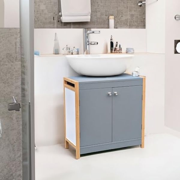 osoltus Unterschrank Waschbeckenunterschrank Bambus / Grau
