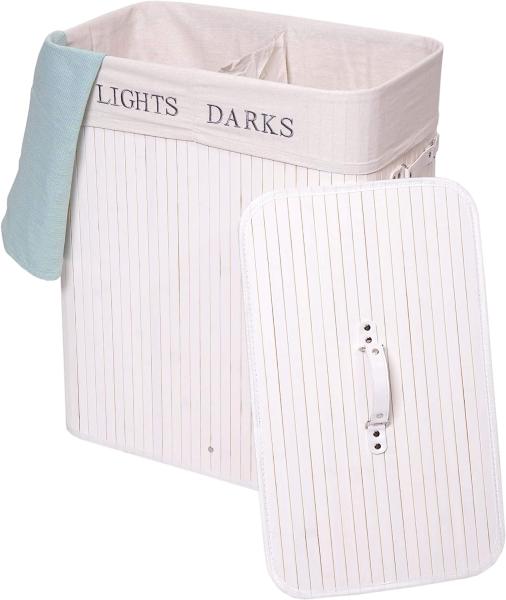 Wäschekorb HWC-C21, Laundry Wäschebox Wäschesammler Wäschebehälter, Bambus 2 Fächer 63x55x34cm 100l ~ weiß