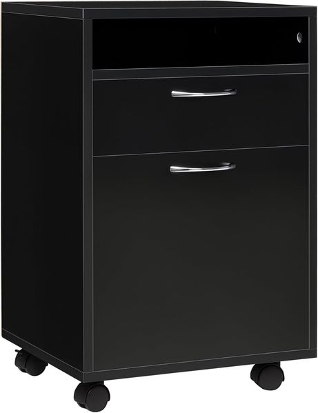 HOMCOM Rollcontainer mit 2 Schubladen mobiler Aktenschrank mit Rollen, offen Fach, Büroschrank, Bürocontainer, Schreibtisch Unterschrank für Büro, Homeoffice, 40 x 35 x 60 cm, Schwarz