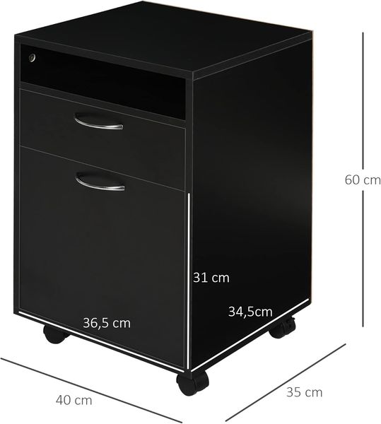 HOMCOM Rollcontainer mit 2 Schubladen mobiler Aktenschrank mit Rollen, offen Fach, Büroschrank, Bürocontainer, Schreibtisch Unterschrank für Büro, Homeoffice, 40 x 35 x 60 cm, Schwarz Bild 3