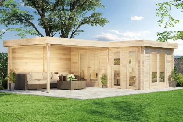 Alpholz Flachdach Gartenhaus Modell Quinta ISO Gartenhaus aus Holz Holzhaus mit 44 mm Wandstärke inklusive Schleppdach FSC zertifiziert Blockbohlenhaus mit Montagematerial