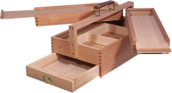 Artina Aufbewahrungsbox Malkasten Vannes, Malkoffer mit 4 Staufächern, 39x23x17,5 cm, Utensilienbox, Holzkoffer,Bastelkoffer mit Tragegriff - Nähkasten