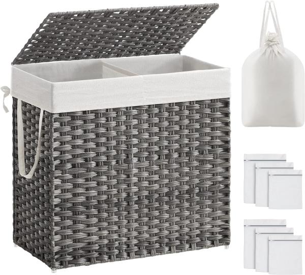Songmics Wäschekorb mit Deckel, Wäschesammler 130 Liter, 2 Fächer, herausnehmbarer Wäschesack mit Griffen, handgeflochten, für Schlafzimmer, Badezimmer, 33 x 66 x 60 cm, grau LCB253G01